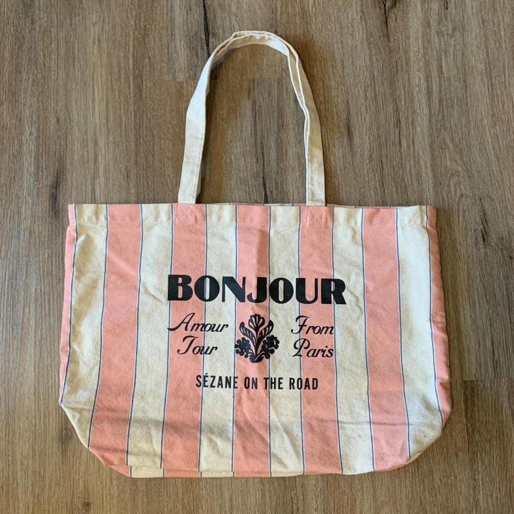 Sézane "Bonjour Amour Tour From Paris" canvas tote bag, pink navy stripes